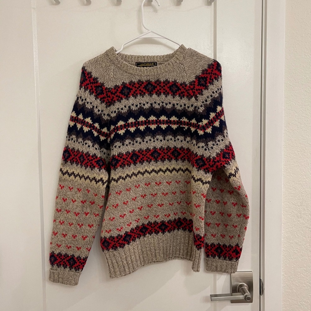Cozy Fair Isle Crewneck Sweater - Beige with Red & Navy